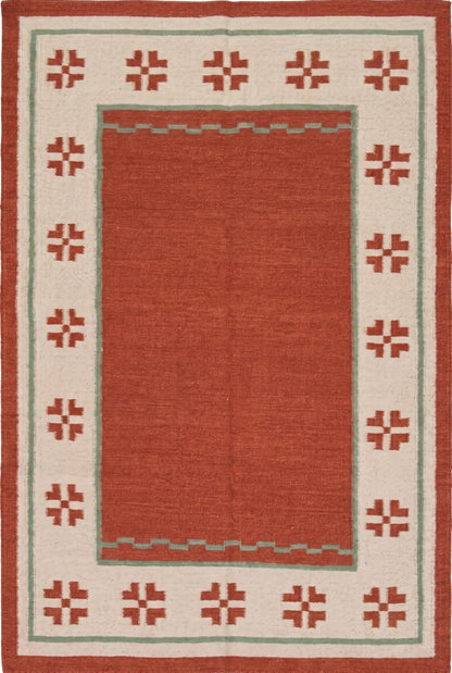 Terracotta Oasis Border Rust Red & Cream Wool Cotton Dhurrie Rug
