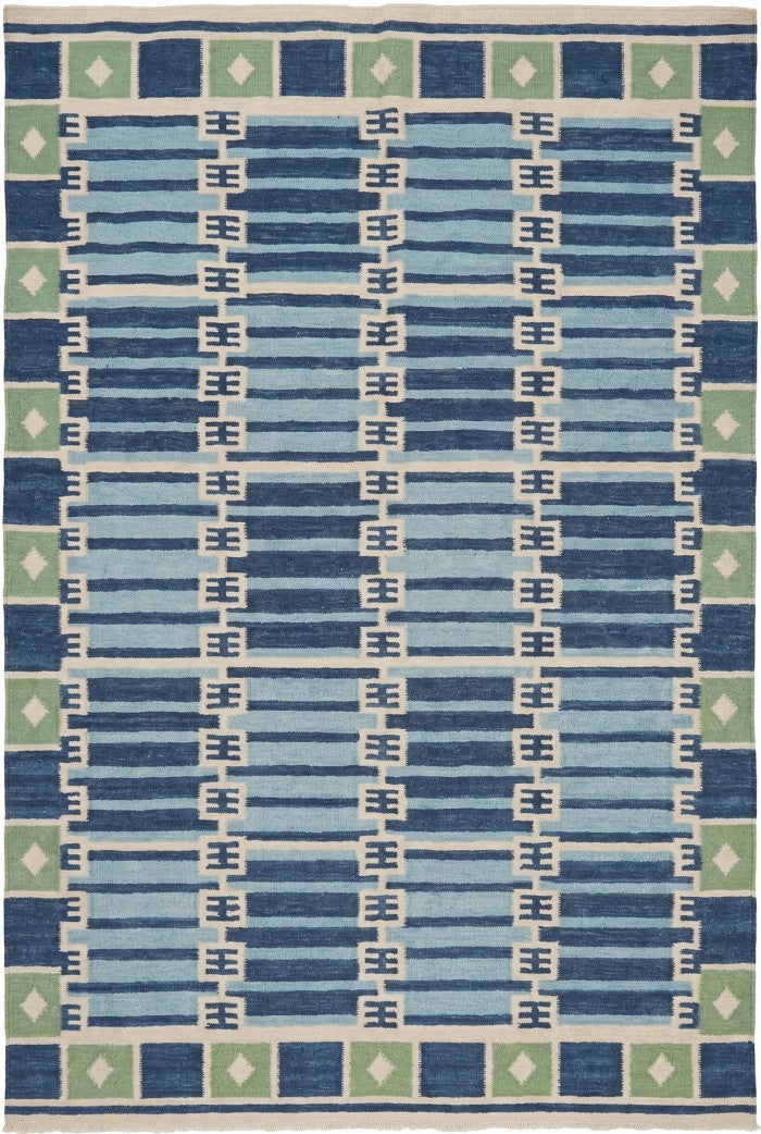Caspian Tile Lattice Blue & Green Wool Cotton Dhurrie Rug