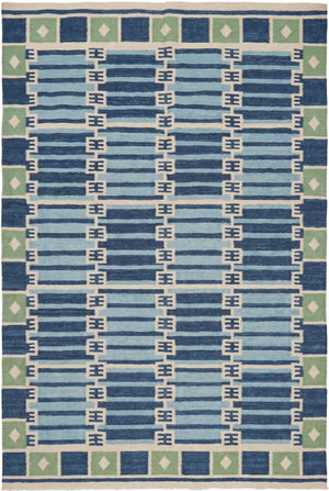 Caspian Tile Lattice Blue & Green Wool Cotton Dhurrie Rug