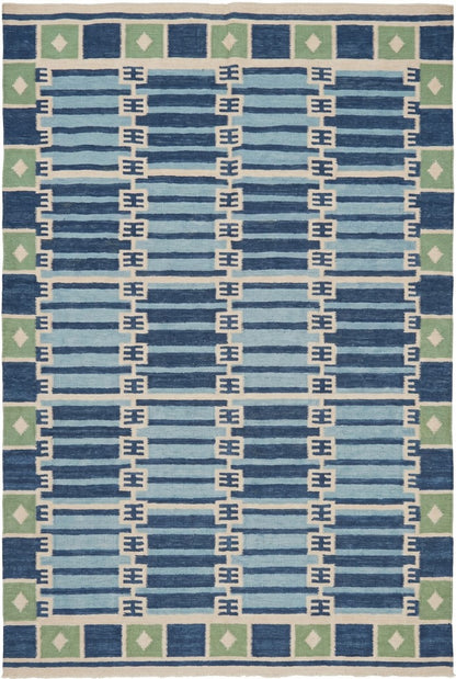 Caspian Tile Lattice Blue & Green Wool Cotton Dhurrie Rug