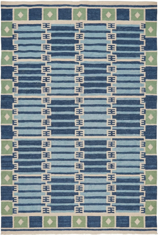 Caspian Tile Lattice Blue & Green Wool Cotton Dhurrie Rug
