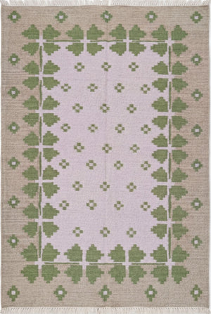 Lilac Meadow Pastel Blush Pink & Sage Green Wool Cotton Dhurrie Rug