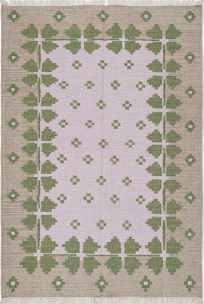 Lilac Meadow Pastel Blush Pink & Sage Green Wool Cotton Dhurrie Rug