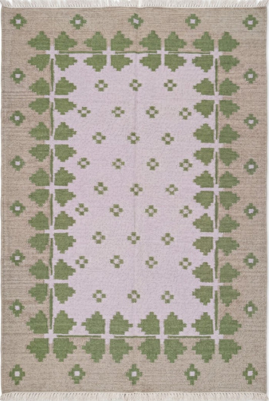 Lilac Meadow Pastel Blush Pink & Sage Green Wool Cotton Dhurrie Rug