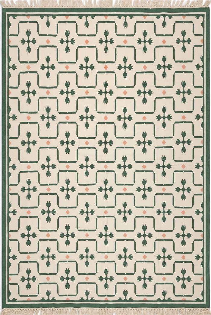 Emerald Tulip Lattice Geometric Interlocking Tile Pattern Flatweave Area Rug