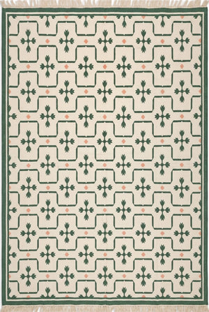 Emerald Tulip Lattice Geometric Interlocking Tile Pattern Flatweave Area Rug