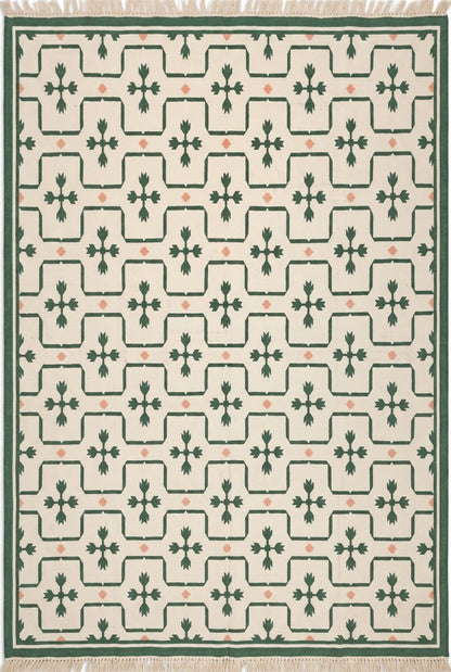 Emerald Tulip Lattice Geometric Interlocking Tile Pattern Flatweave Area Rug