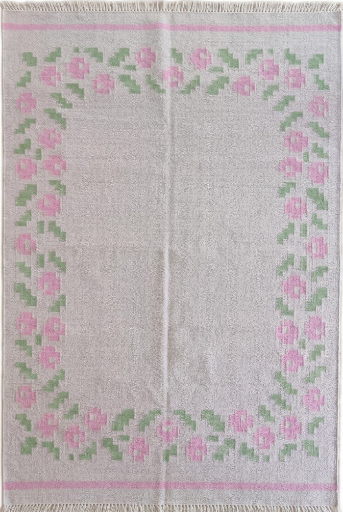 Pastel Rose Garland Aesthetic Pink & Sage Green Wool Cotton Dhurrie Rug