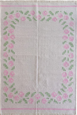 Pastel Rose Garland Aesthetic Pink & Sage Green Wool Cotton Dhurrie Rug