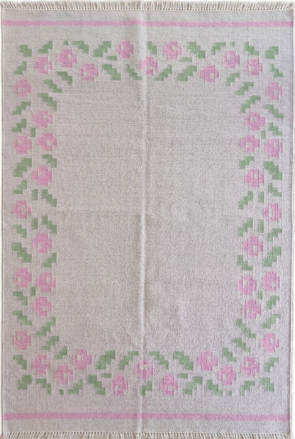 Pastel Rose Garland Aesthetic Pink & Sage Green Wool Cotton Dhurrie Rug