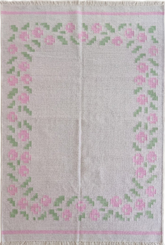 Pastel Rose Garland Aesthetic Pink & Sage Green Wool Cotton Dhurrie Rug