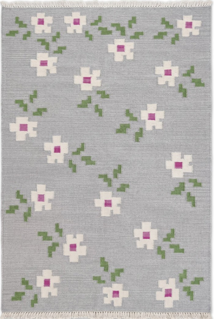 Grey Blossom Pop Modern Grey & Pink Floral Wool Cotton Dhurrie Rug