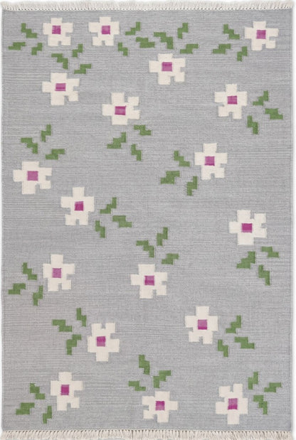 Grey Blossom Pop Modern Grey & Pink Floral Wool Cotton Dhurrie Rug