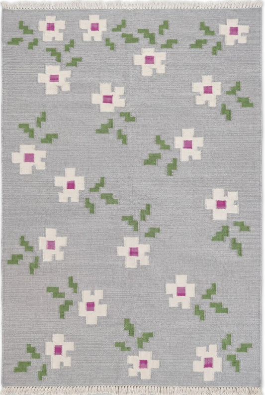 Grey Blossom Pop Modern Grey & Pink Floral Wool Cotton Dhurrie Rug