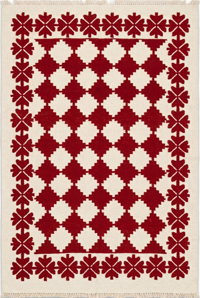Traditional Ruby Red & Cream Wool Cotton Dhurrie Rug