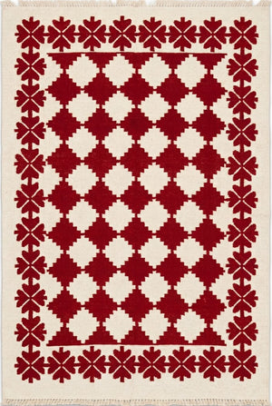 Traditional Ruby Red & Cream Wool Cotton Dhurrie Rug