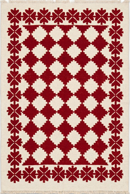 Traditional Ruby Red & Cream Wool Cotton Dhurrie Rug