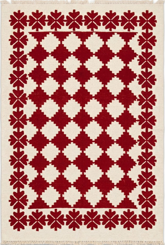 Traditional Ruby Red & Cream Wool Cotton Dhurrie Rug