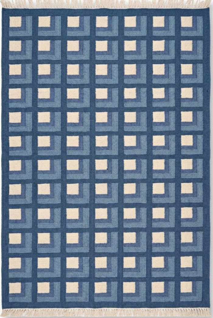 Slate Optical Cube Century Modern Blue & Cream Wool Cotton Dhurrie Rug