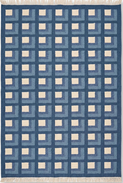 Slate Optical Cube Century Modern Blue & Cream Wool Cotton Dhurrie Rug