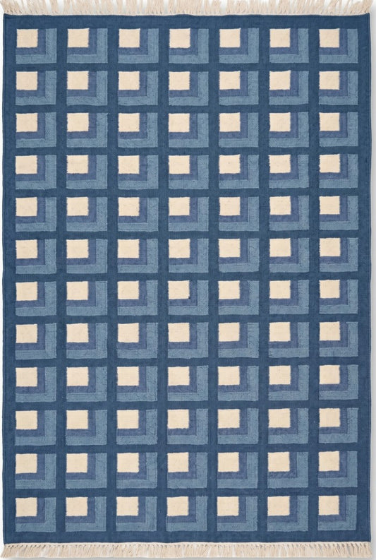 Slate Optical Cube Century Modern Blue & Cream Wool Cotton Dhurrie Rug