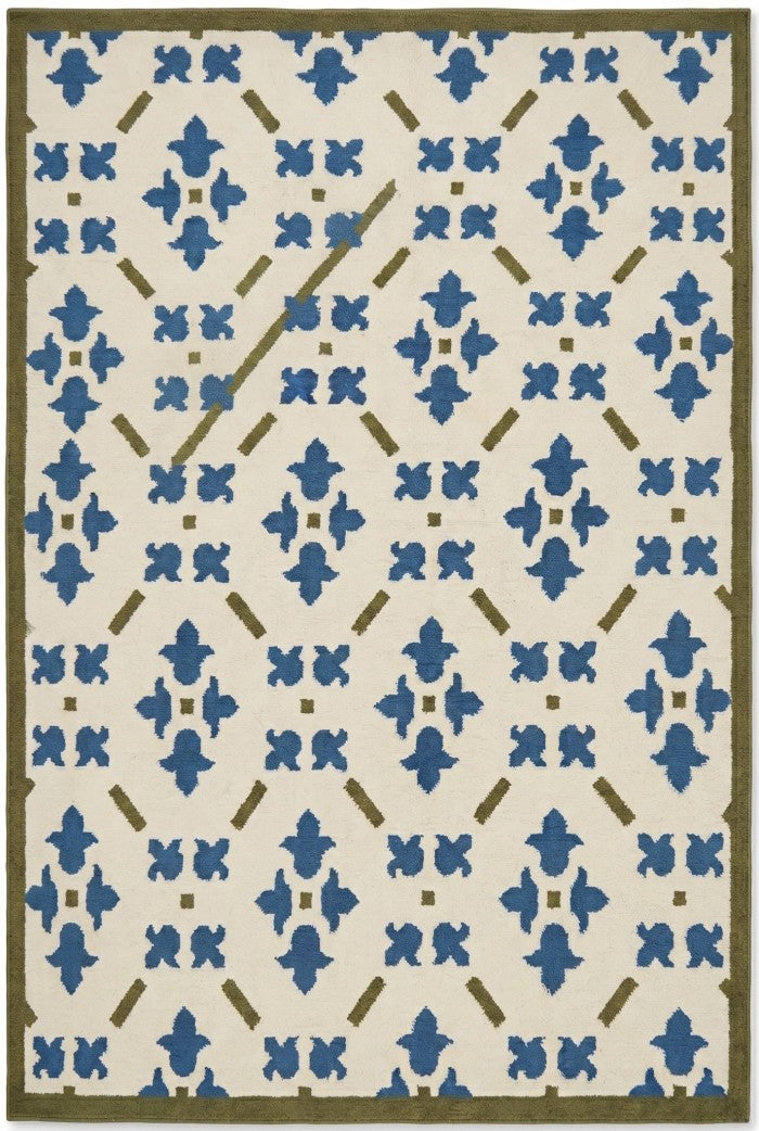 French Blue Fleur Classic Ivory Cream & Cobalt Blue Wool Cotton Dhurrie Rug