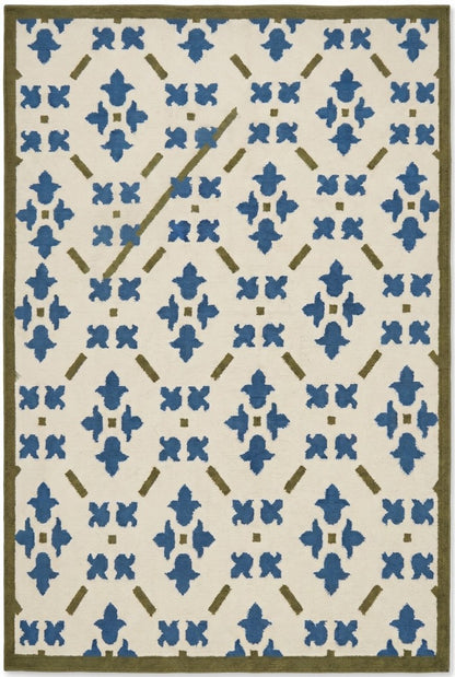French Blue Fleur Classic Ivory Cream & Cobalt Blue Wool Cotton Dhurrie Rug