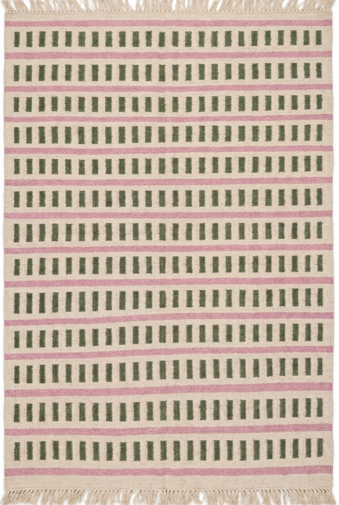 Nordic Candy Stripe Modern Pink & Moss Green Wool Cotton Dhurrie Rug