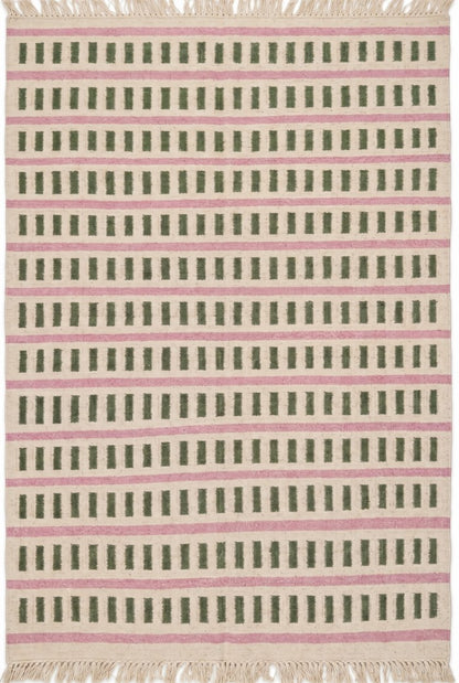 Nordic Candy Stripe Modern Pink & Moss Green Wool Cotton Dhurrie Rug