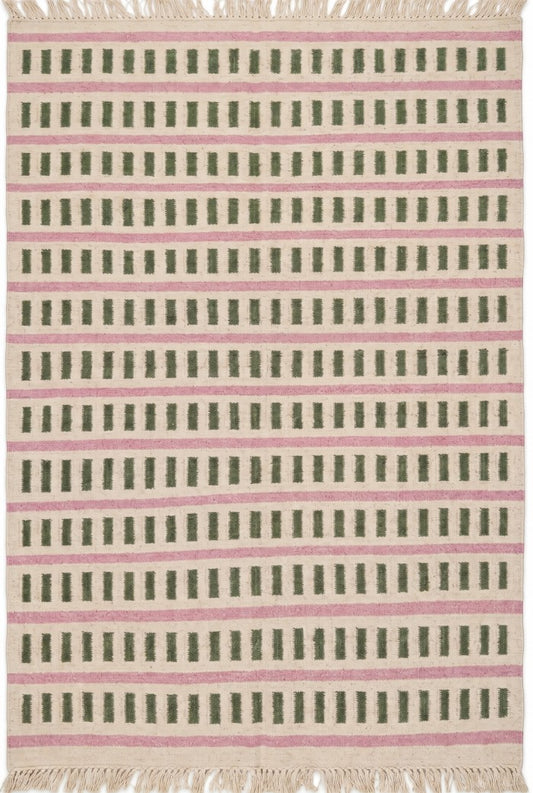 Nordic Candy Stripe Modern Pink & Moss Green Wool Cotton Dhurrie Rug