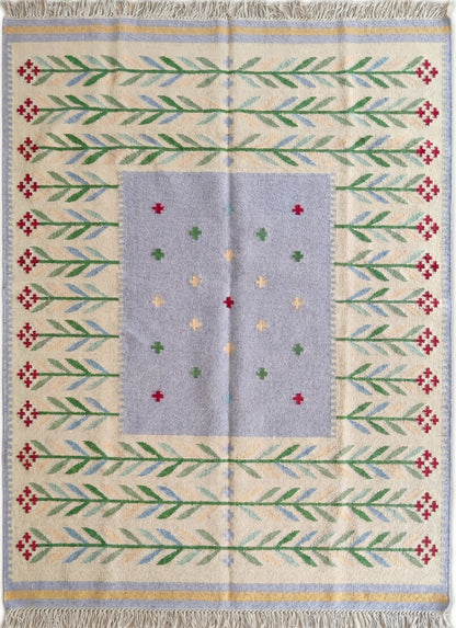 Periwinkle Folk Garland Handwoven Swedish Heritage Kilim, Custom Size