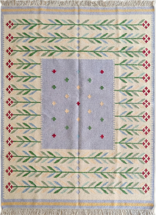 Periwinkle Folk Garland Handwoven Swedish Heritage Kilim, Custom Size