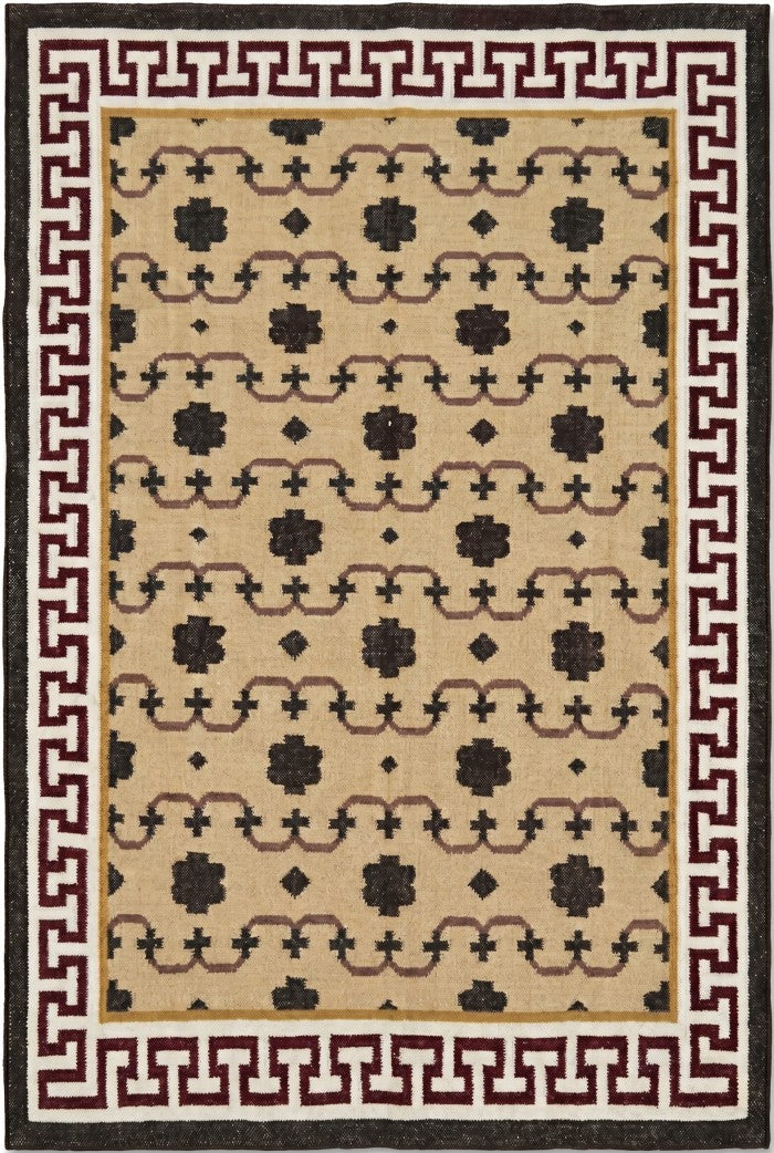 Crimson Greek Meander Premium Beige & Maroon Wool Cotton Dhurrie Rug