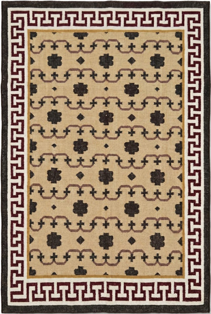 Crimson Greek Meander Premium Beige & Maroon Wool Cotton Dhurrie Rug