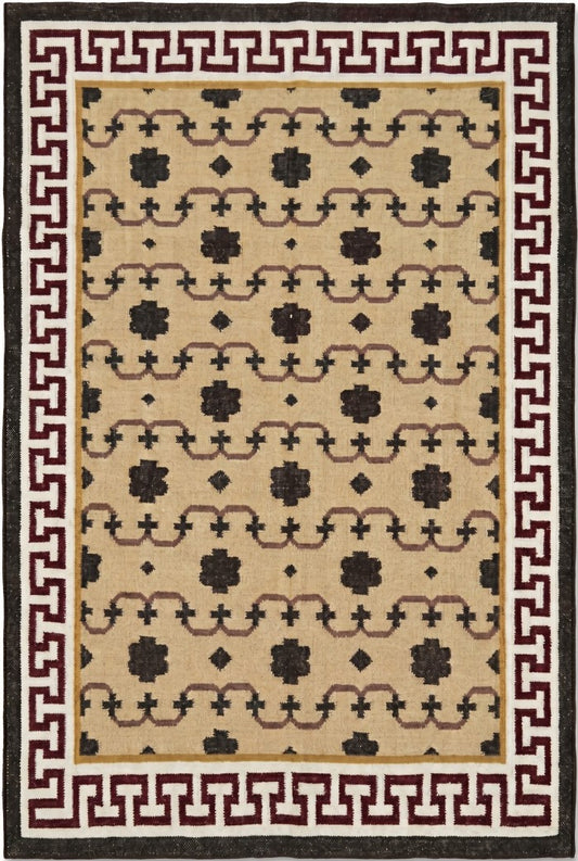 Crimson Greek Meander Premium Beige & Maroon Wool Cotton Dhurrie Rug