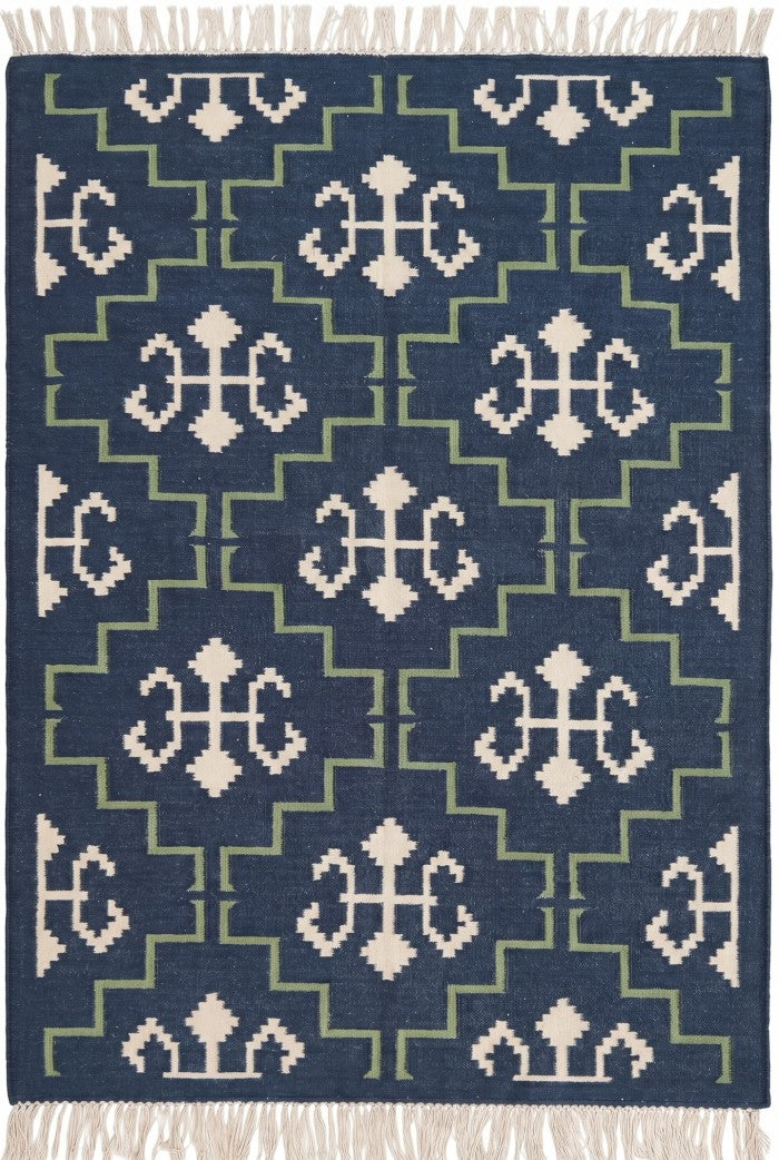 Indigo Cross Lattice Modern Navy Blue & Green Wool Cotton Dhurrie Rug