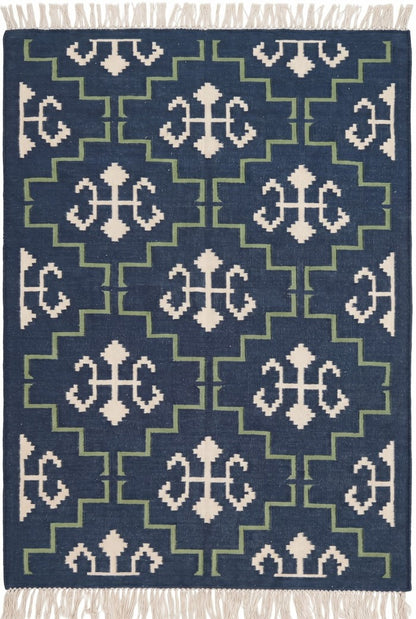 Indigo Cross Lattice Modern Navy Blue & Green Wool Cotton Dhurrie Rug