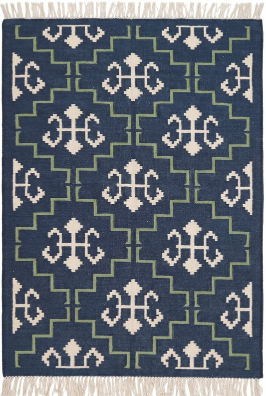 Indigo Cross Lattice Modern Navy Blue & Green Wool Cotton Dhurrie Rug