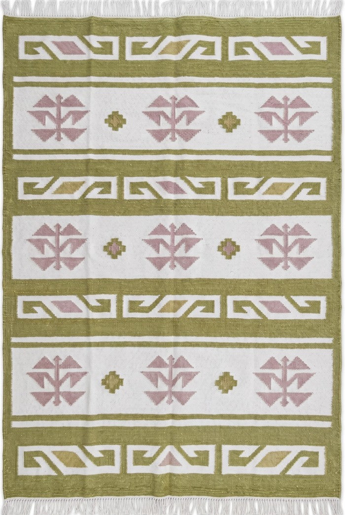 Moss Nordic Folkway Pastel Mauve & Olive Green Wool Cotton Dhurrie Rug