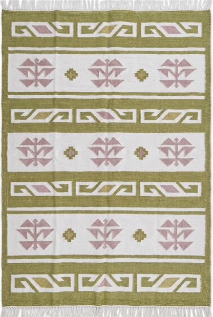 Moss Nordic Folkway Pastel Mauve & Olive Green Wool Cotton Dhurrie Rug