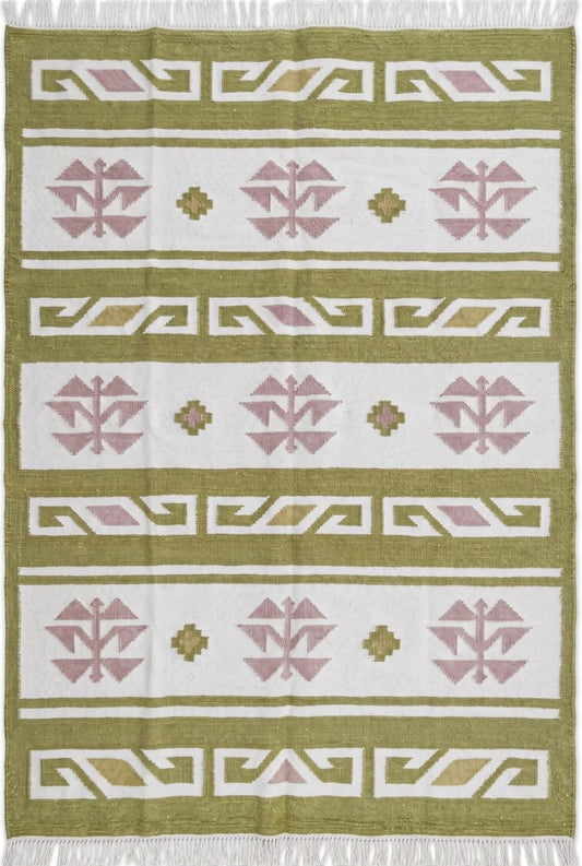 Moss Nordic Folkway Pastel Mauve & Olive Green Wool Cotton Dhurrie Rug