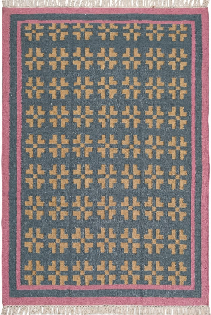 Slate Cross & Rose Border Modern Blue & Pink Wool Cotton Dhurrie Rug