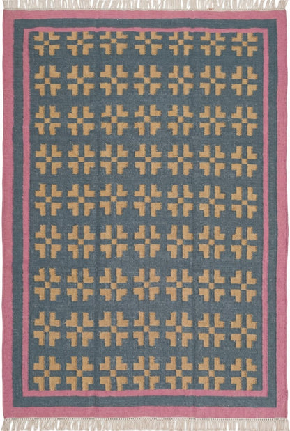 Slate Cross & Rose Border Modern Blue & Pink Wool Cotton Dhurrie Rug