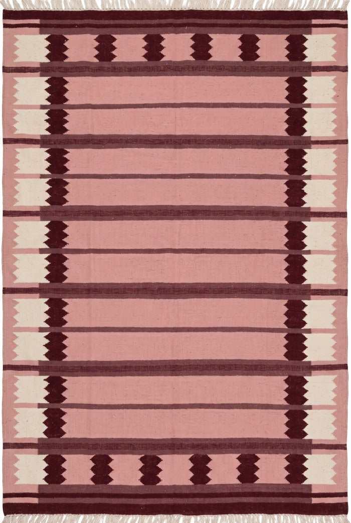 Rose Burgundy Sawtooth Modern Pastel Pink & Maroon Wool Cotton Dhurrie Rug