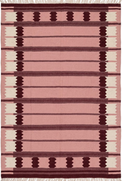 Rose Burgundy Sawtooth Modern Pastel Pink & Maroon Wool Cotton Dhurrie Rug