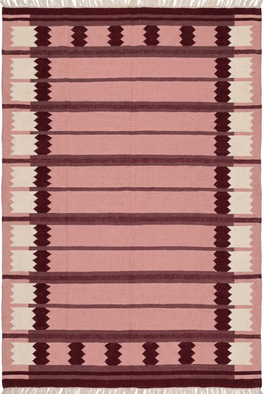 Rose Burgundy Sawtooth Modern Pastel Pink & Maroon Wool Cotton Dhurrie Rug