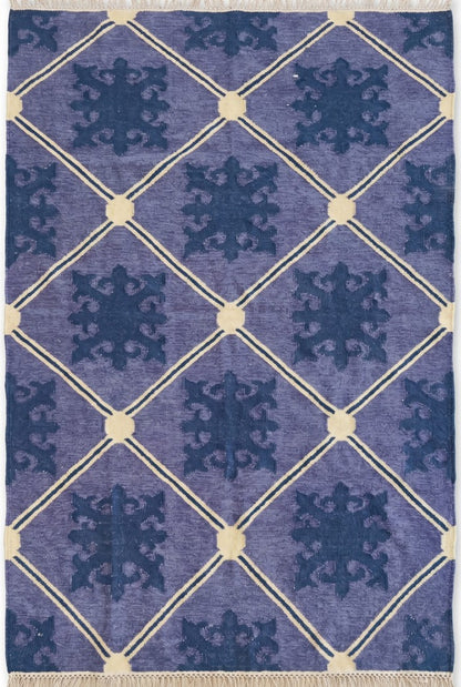 Slate Lavender Fleur Premium Lavender Blue & Indigo Wool Cotton Dhurrie Rug