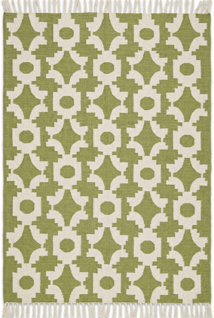 Moss Optical Maze Lime Green & Cream Wool Cotton Dhurrie Rug