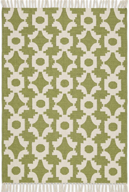 Moss Optical Maze Lime Green & Cream Wool Cotton Dhurrie Rug