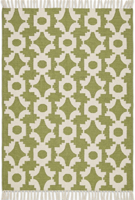 Moss Optical Maze Lime Green & Cream Wool Cotton Dhurrie Rug